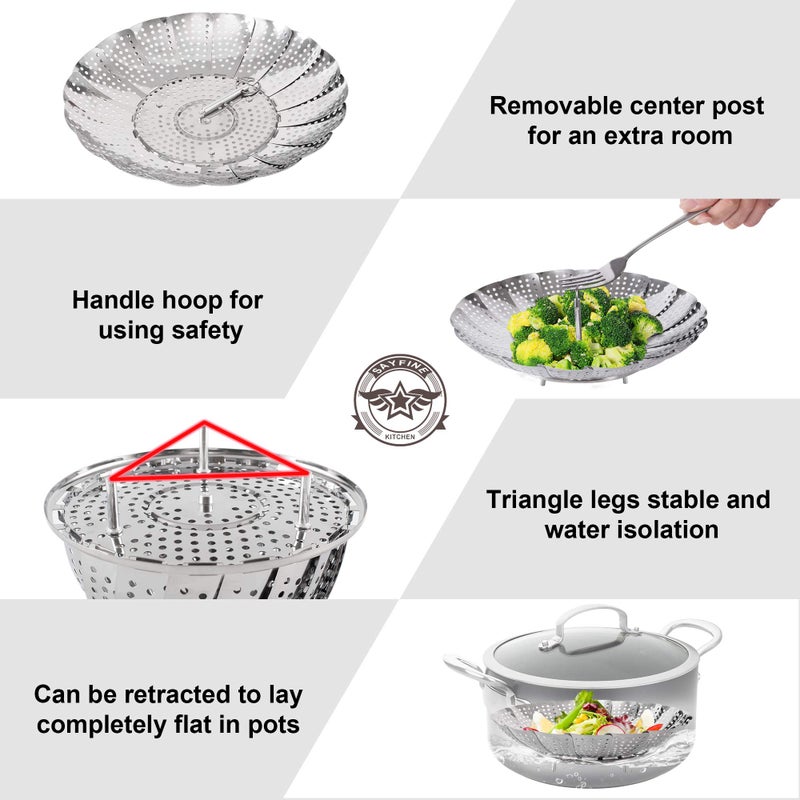 Zocy Steamer Basket, Stainless Steel Vegetable Steam Baskets for Steaming Cooking Expandable to Fit Various Size Pot (5.5" to 9.3") - Image 4